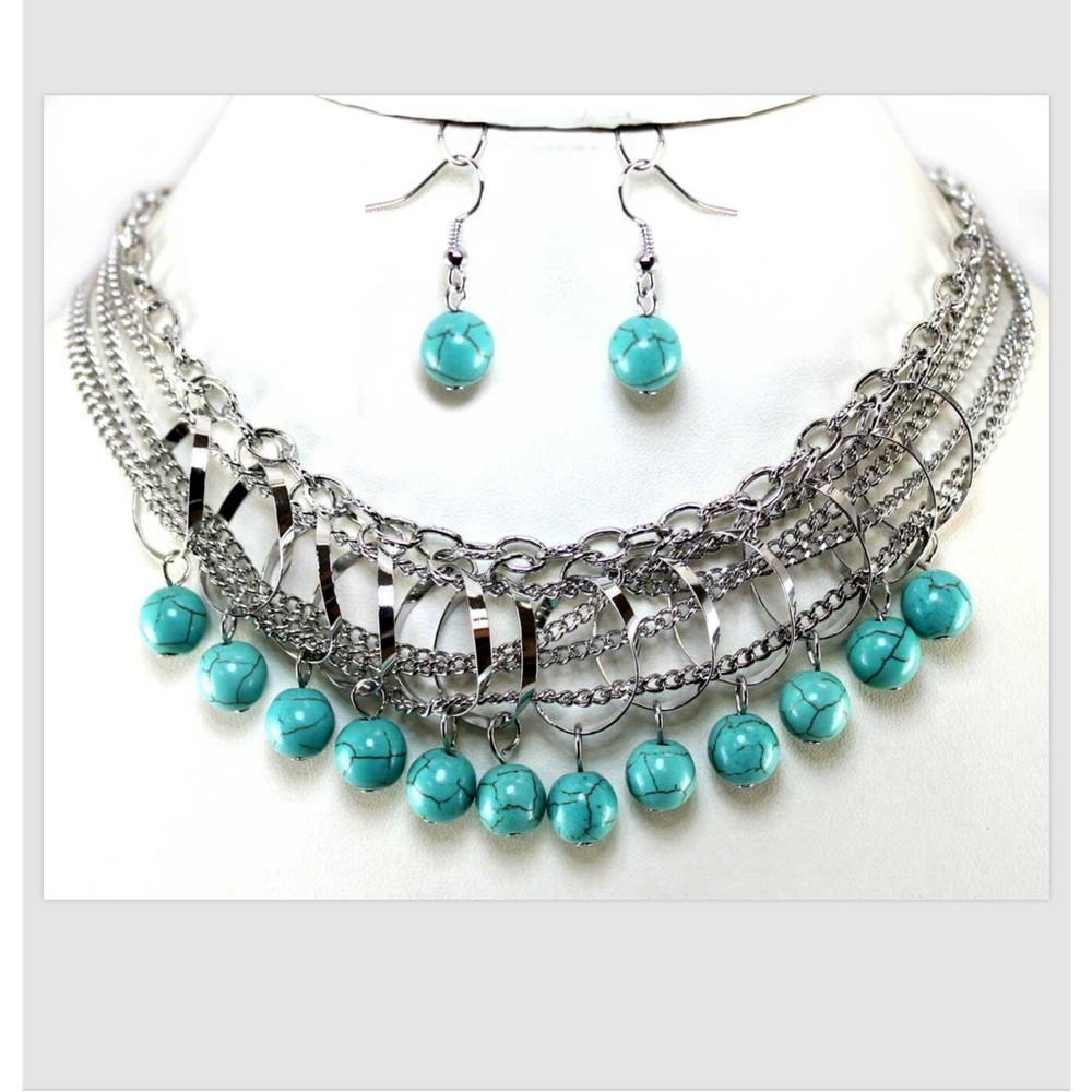Necklace Earrings Set Turquoise Silver Women’s 17”-20”L Layered Chains Dangled